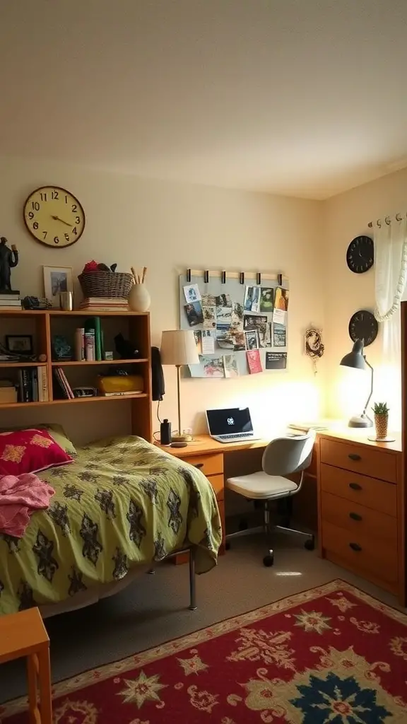 21 Inspiring Green Dorm Room Ideas for a Fresh Study Space 16 Cozy dorm room featuring upcycled items for decor, including a colorful bedspread and a pegboard with photos.
