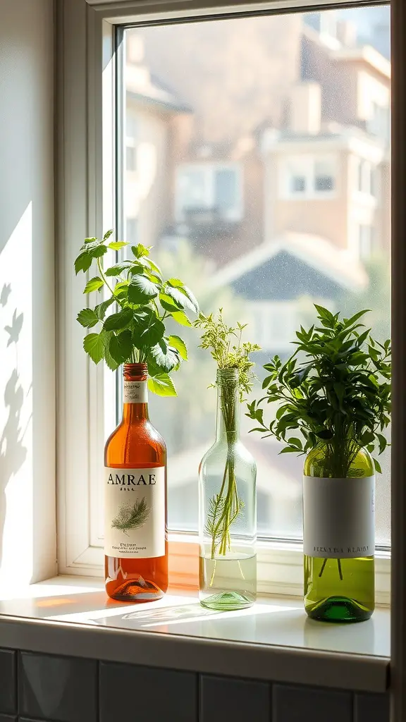 15 Stunning Indoor Flower Pot Ideas for Your Home 16 Three upcycled wine bottles used as planters, each with different herbs, placed on a sunny windowsill.