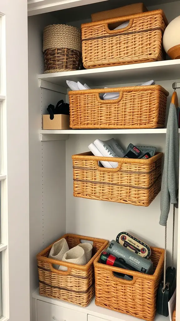 19 Creative Dorm Closet Organization Ideas You Need to Try 8 A well-organized dorm closet featuring wicker baskets on shelves, showcasing a variety of items.