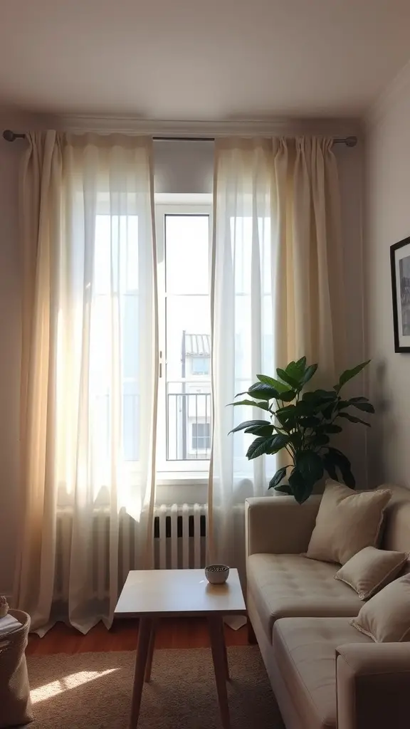 19 Cozy Small Living Room Ideas You’ll Love 16 Cozy small living room with soft curtains, a plant, and a simple coffee table.