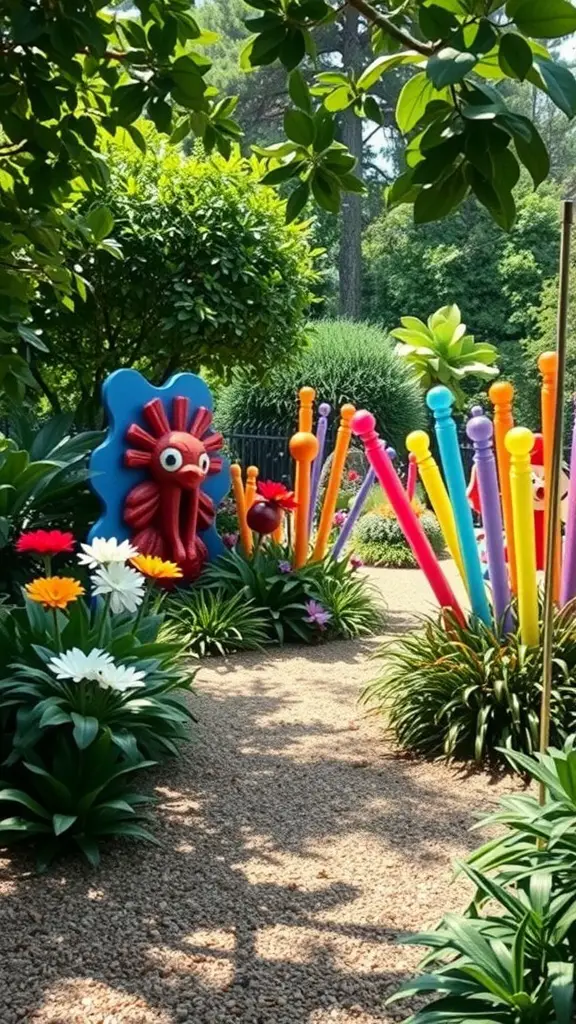 25 Stunning Shade Garden Ideas to Transform Your Outdoor Space 6 A vibrant shaded garden featuring colorful garden art, including poles and a whimsical creature, surrounded by flowers and greenery.