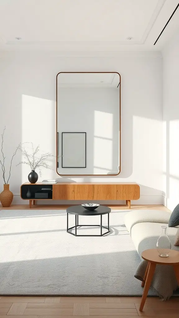 15 Minimalist Living Room Ideas for a Stylish Space 16 A minimalist living room featuring a large mirror above a wooden console, enhancing light and space.