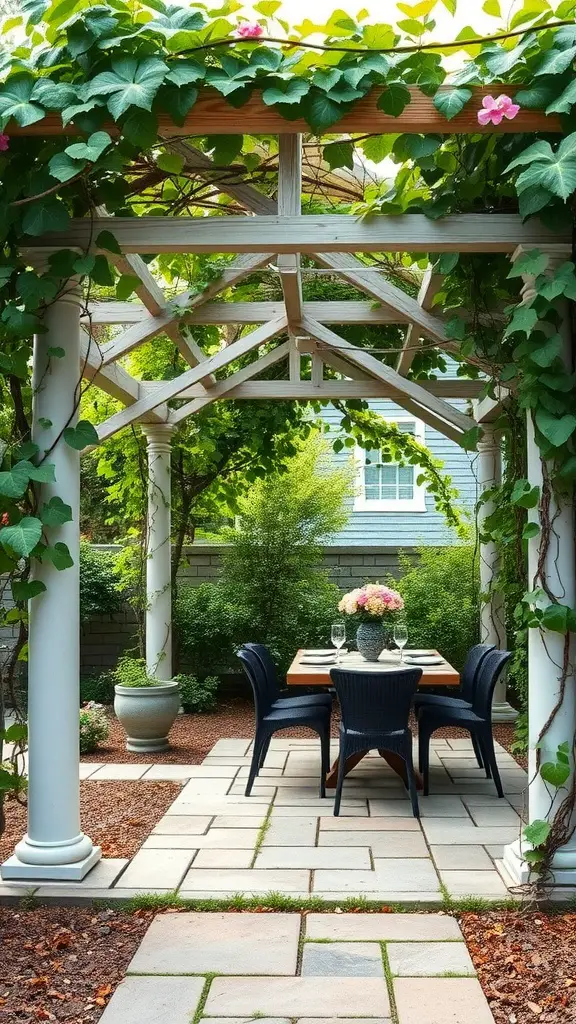 21 Creative Backyard Privacy Ideas to Keep Neighbors at Bay 17 A picturesque pergola adorned with greenery, creating a defined outdoor dining space.