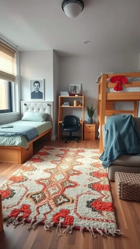 17 Creative Single Dorm Room Ideas You’ll Love 14 A cozy dorm room featuring a vibrant rug, bunk beds, a desk chair, and warm lighting.