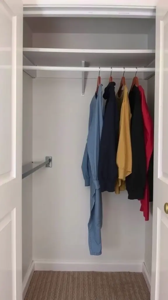 19 Creative Dorm Closet Organization Ideas You Need to Try 13 A dorm closet with a closet rod displaying colorful clothing.