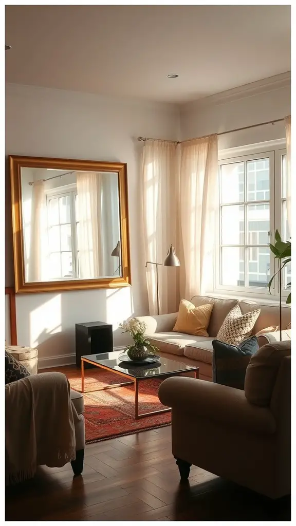 21 Stylish Small Living Room Ideas to Maximize Your Space 4 A cozy living room with a large mirror, comfortable seating, and natural light.