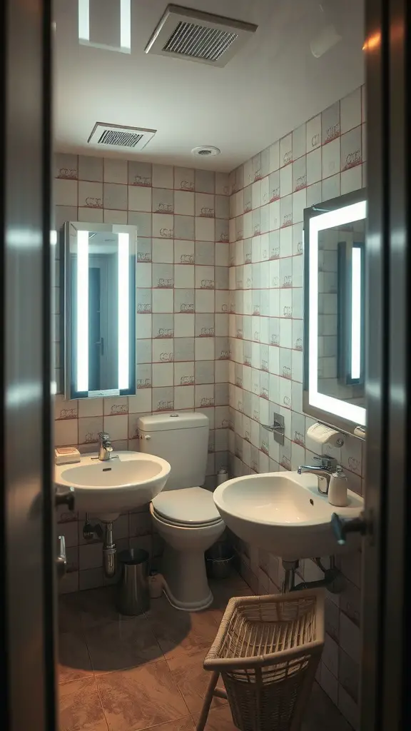 27 Clever Tiny Bathroom Ideas for Maximum Style and Functionality 10 A small bathroom featuring illuminated mirrors, modern fixtures, and stylish decor.