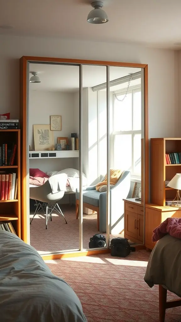 19 Creative Small Dorm Room Ideas to Maximize Your Space 2 A well-lit dorm room with a large mirror wardrobe reflecting light and space.