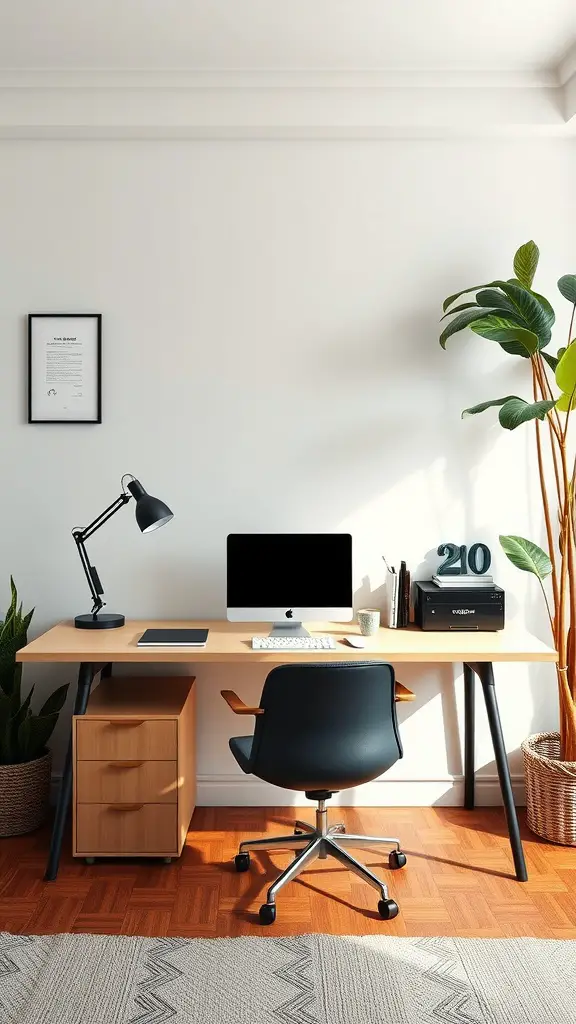 21 Cozy Home Office Ideas for a Productive and Inviting Workspace 6 A modern home office setup featuring a wooden desk, ergonomic chair, computer, and a potted plant.