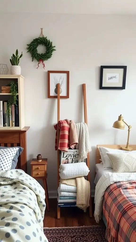21 Creative Dorm Room Inspiration Ideas for College Students 11 A cozy dorm room featuring two beds, a wooden ladder with blankets, and wall decor.