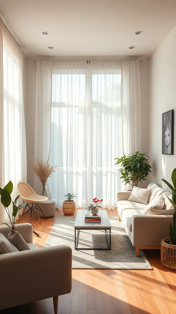 21 Stylish Small Living Room Ideas to Maximize Your Space 12 A bright small living room with sheer curtains, plants, and light wooden flooring.