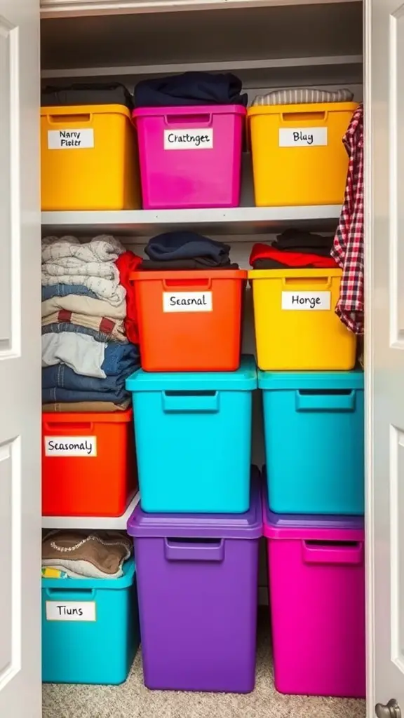 19 Creative Dorm Closet Organization Ideas You Need to Try 9 A colorful closet shelf filled with labeled storage bins for organizing seasonal clothing.