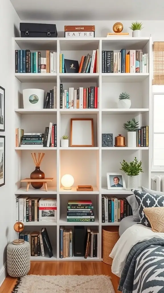 19 Aesthetic Dorm Room Ideas You’ll Love 15 A white bookshelf filled with books and decorative items in a dorm room