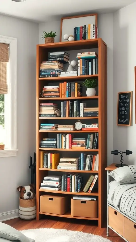 19 Creative Dorm Layout Ideas to Maximize Your Space 11 A tall wooden bookshelf filled with books and decorative items, showing effective use of vertical space in a dorm room.