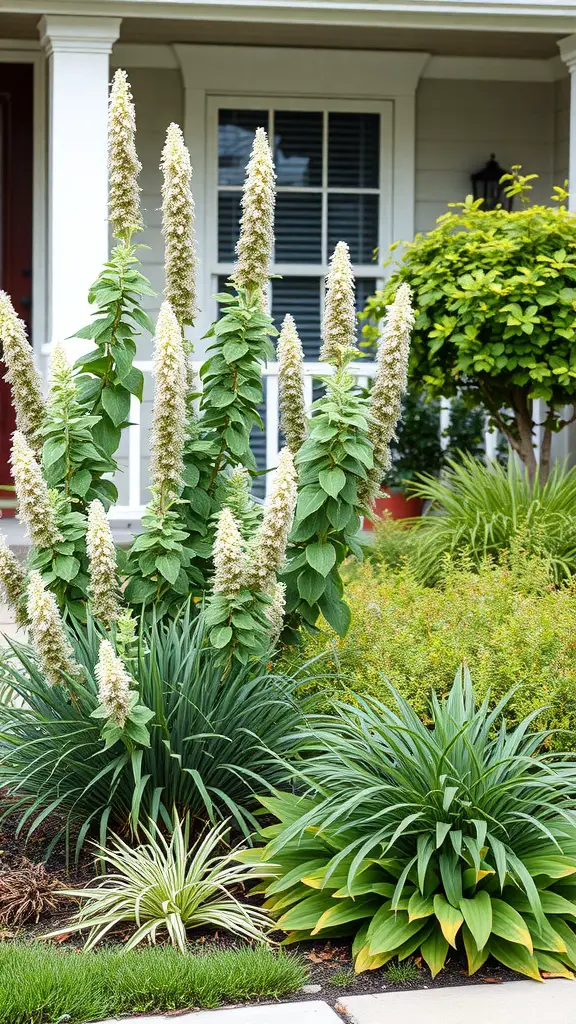 A front yard landscape featuring plants of varying heights, including tall flowering plants and shorter leafy varieties.