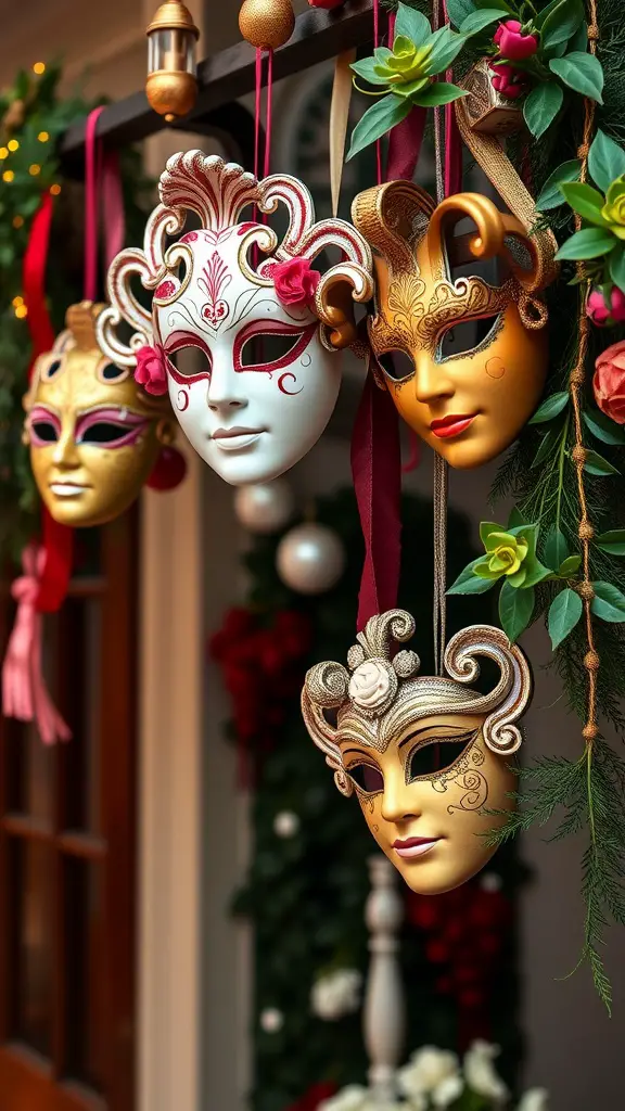 29 Charming Italian-Themed Bridal Shower Ideas You’ll Love 8 Decorative Venetian masks hanging with floral accents