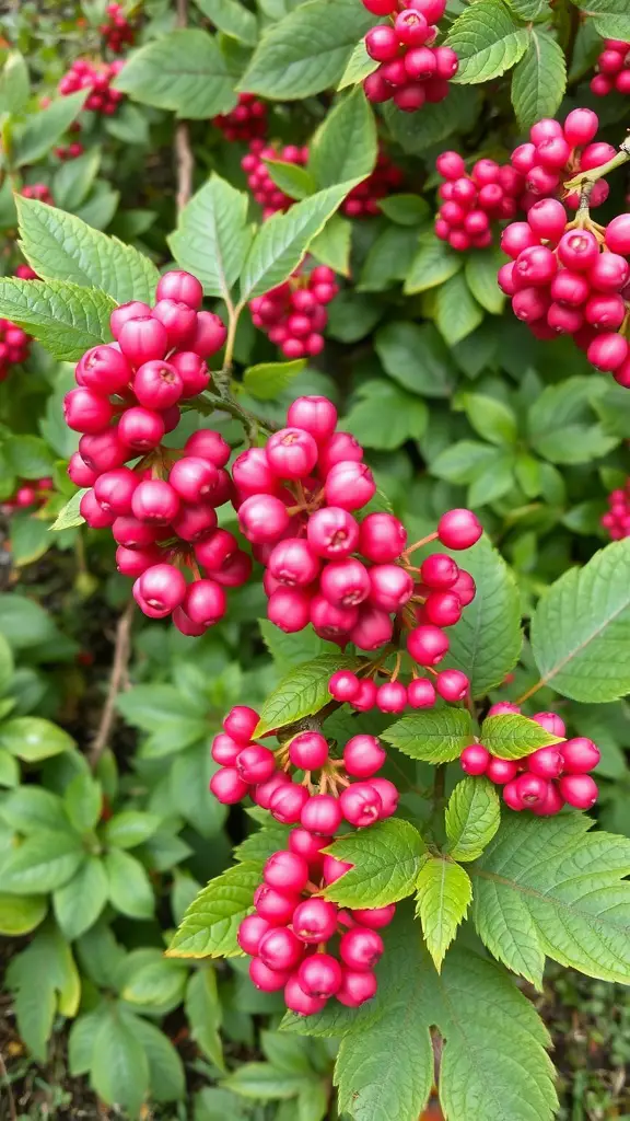 23 Stunning Evergreen Shrubs to Enhance Your Garden 16 A close-up of Coralberry's bright pink berries among green leaves
