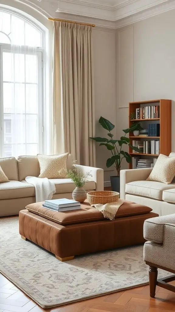 21 Cozy Living Room Ideas to Transform Your Space 16 Cozy living room with multi-functional furniture, including a brown ottoman that serves as a coffee table, light-colored sofas, and a bookcase.