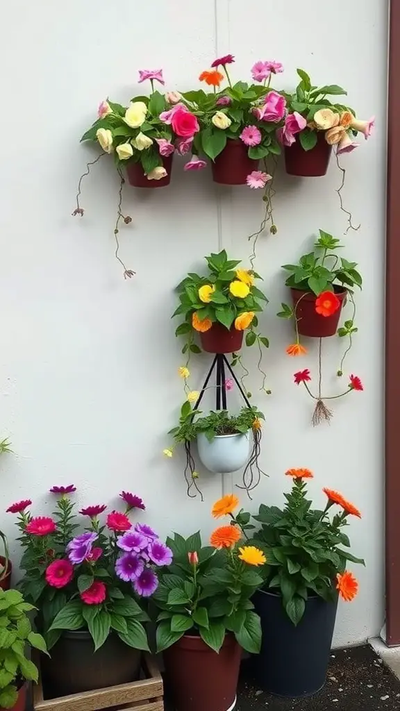 A vertical flower bed display with colorful flowers in pots hanging on a wall and standing in planters.