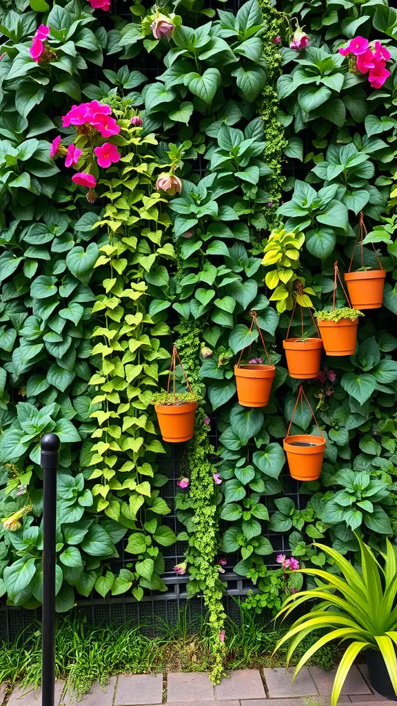 Vertical flower wall with hanging pots and vibrant blooms