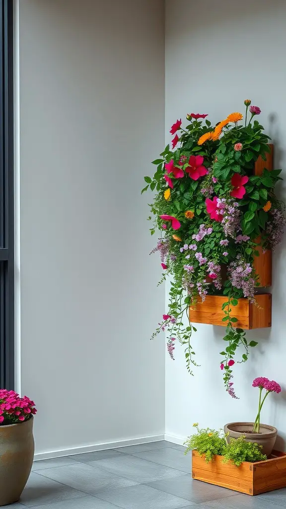 15 Beautiful Corner Flower Bed Ideas for Your Garden 6 A vibrant vertical garden with colorful flowers in wooden planters, complemented by potted plants.
