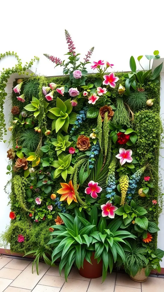 13 Creative Front Yard Landscaping Ideas to Enhance Your Curb Appeal 2 A vibrant vertical garden display filled with a variety of flowers and greenery.