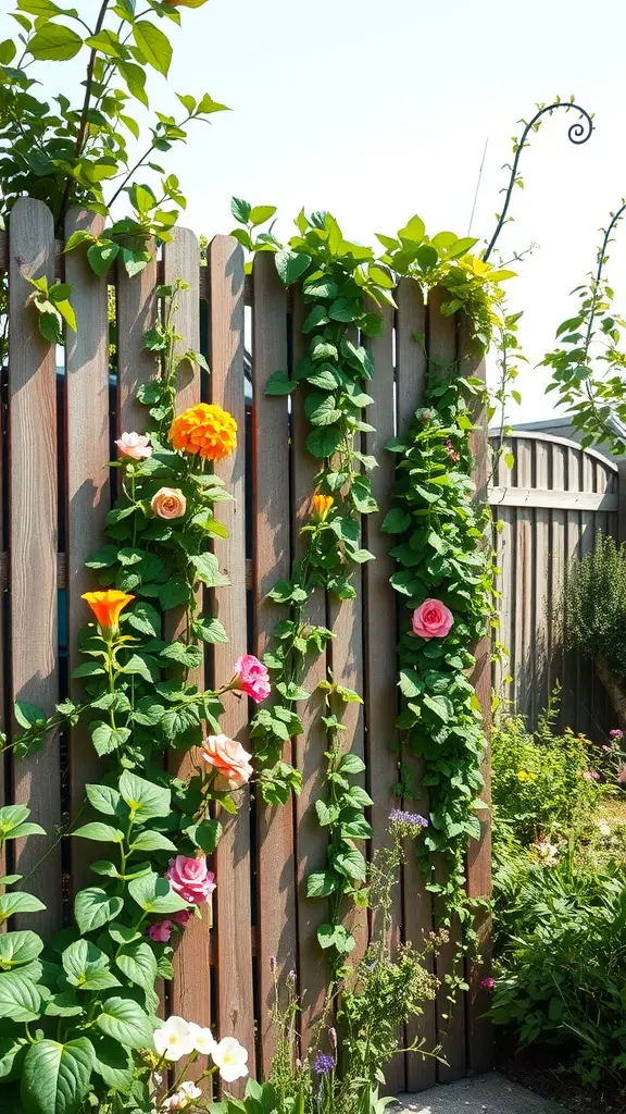 21 Creative Garden Fence Ideas to Transform Your Outdoor Space 2 A vertical garden fence adorned with colorful flowers and green vines.