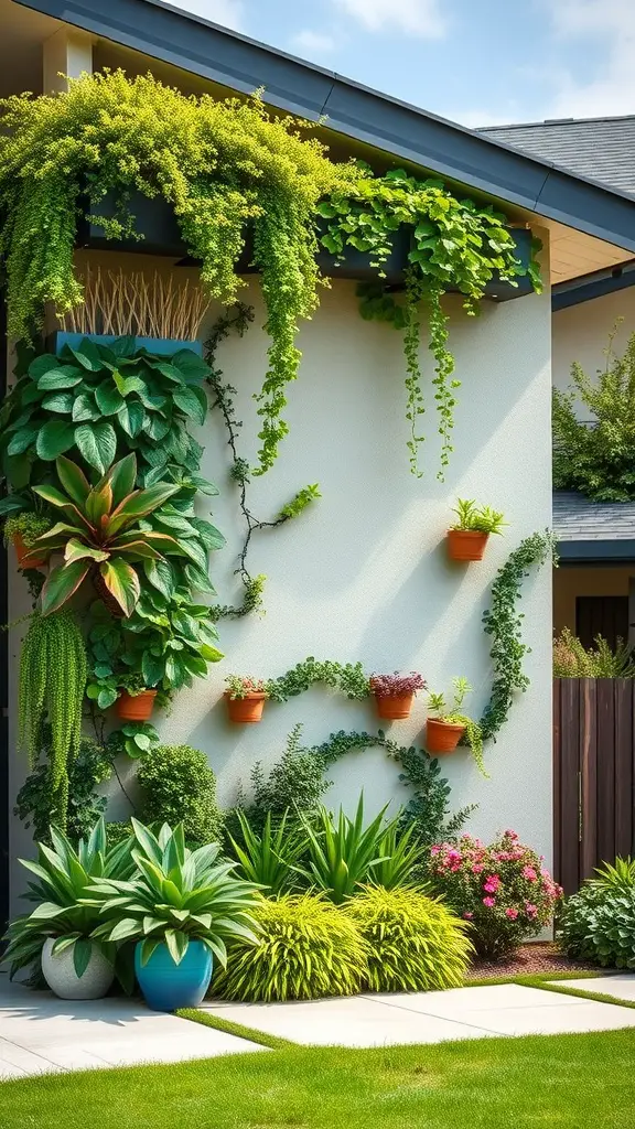 25 Stunning Front Entry Landscaping Ideas for a Welcoming Home 9 A vertical garden with various plants mounted on a wall, surrounded by additional greenery in pots.