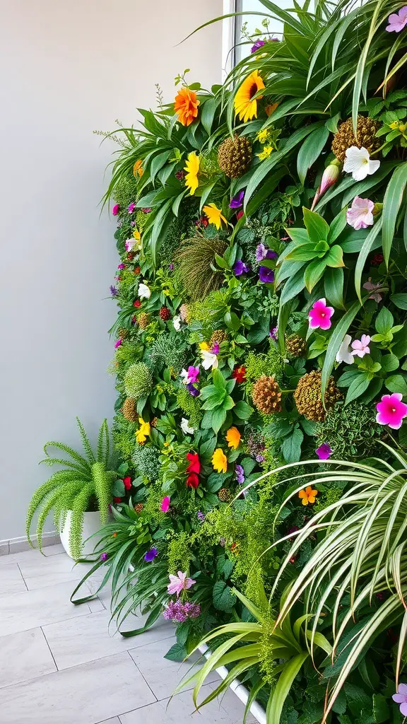 15 Creative DIY Privacy Fence Ideas for Your Backyard 4 A vibrant vertical garden wall filled with colorful flowers and lush green plants.