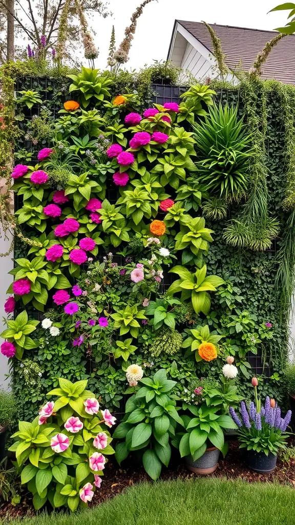 A vibrant vertical garden wall filled with colorful flowers and lush greenery.