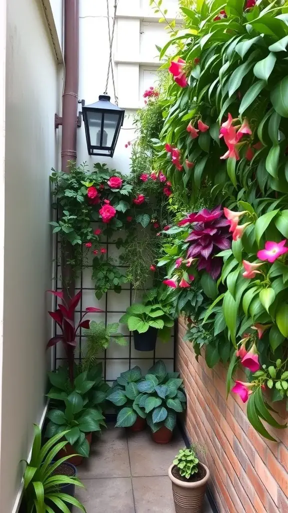 23 Creative Side Yard Landscaping Ideas You’ll Love 4 A vertical garden wall featuring pink flowers and green leaves in a narrow space, with a lantern and potted plants.