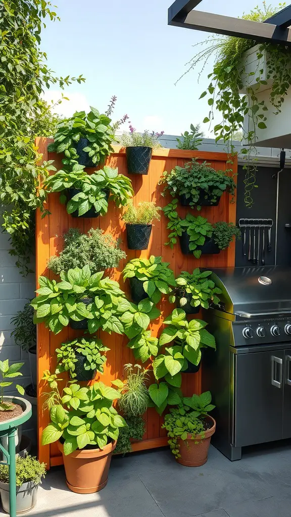 21 Inspiring Outdoor Kitchen Storage Ideas You’ll Love 8 A vertical garden with various herbs in pots attached to a wooden wall beside a grill.