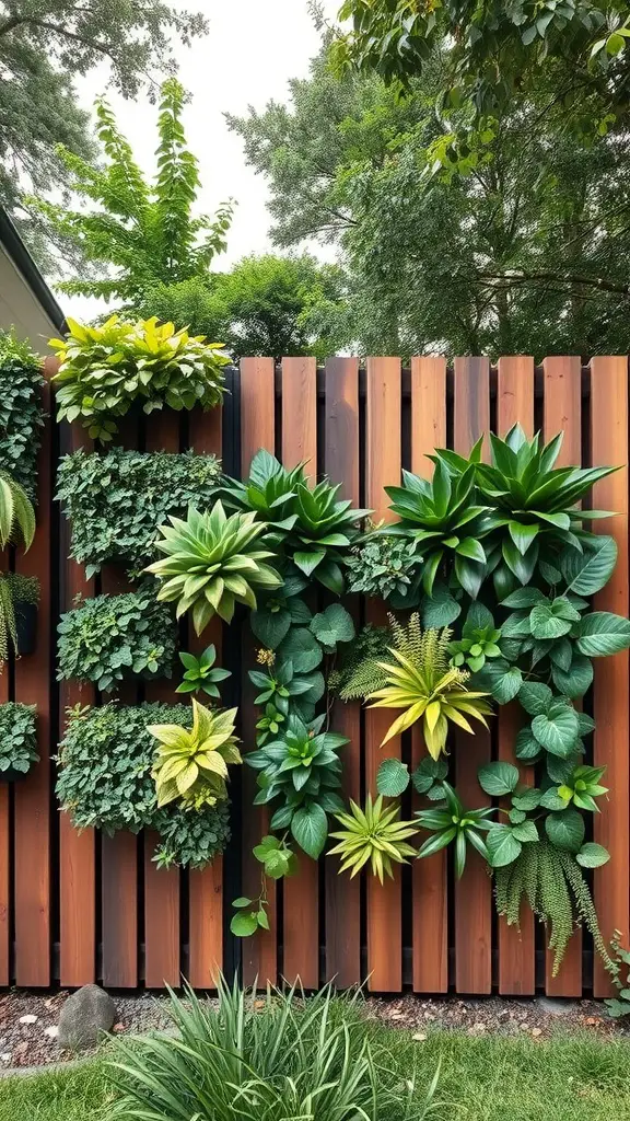 21 Creative Backyard Privacy Ideas to Keep Neighbors at Bay 6 A vertical garden on a wooden fence featuring various green plants.