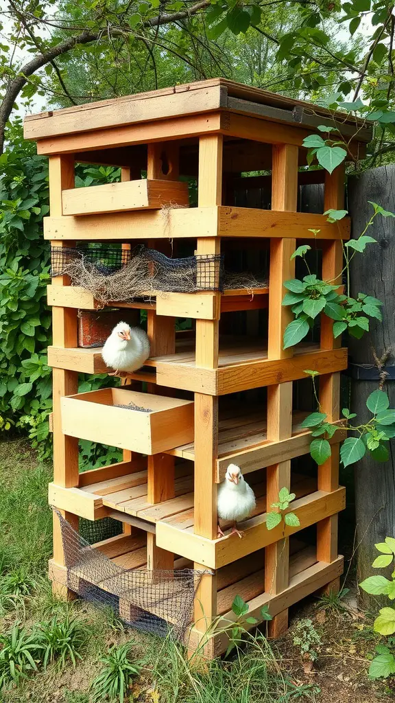 19 Creative Pallet Chicken Coop Ideas You’ll Love 9 Vertical pallet chicken coop with nesting boxes and two chickens on the front levels.