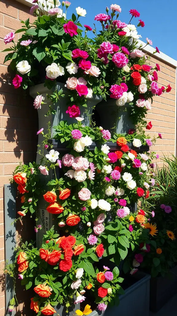 15 Stunning Planter Ideas for Full Sun Gardens 14 A colorful vertical planter filled with various flowers against a brick wall.
