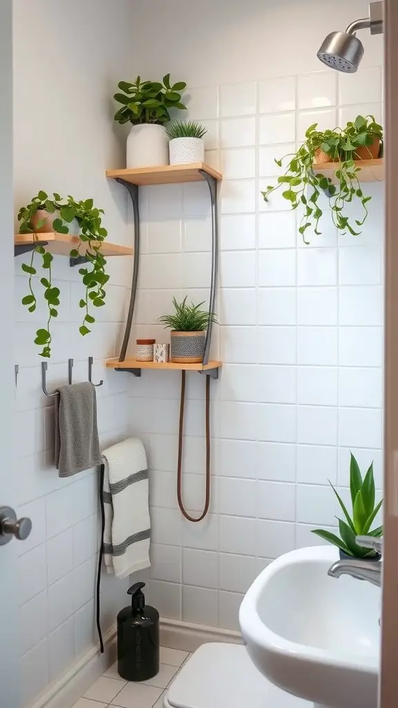 23 Stunning Small Bathroom Interior Ideas for a Stylish Makeover 8 Small bathroom with vertical storage featuring shelves with plants and hanging towels.