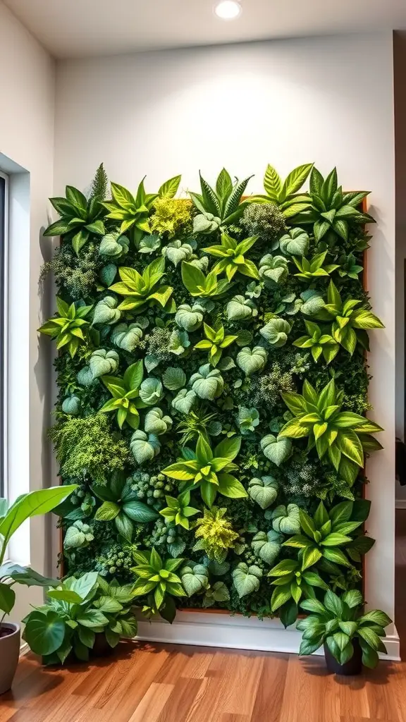 21 Stunning House Plant Decor Ideas for Every Room 9 A vertical wall garden filled with various green plants, enhancing interior decor.