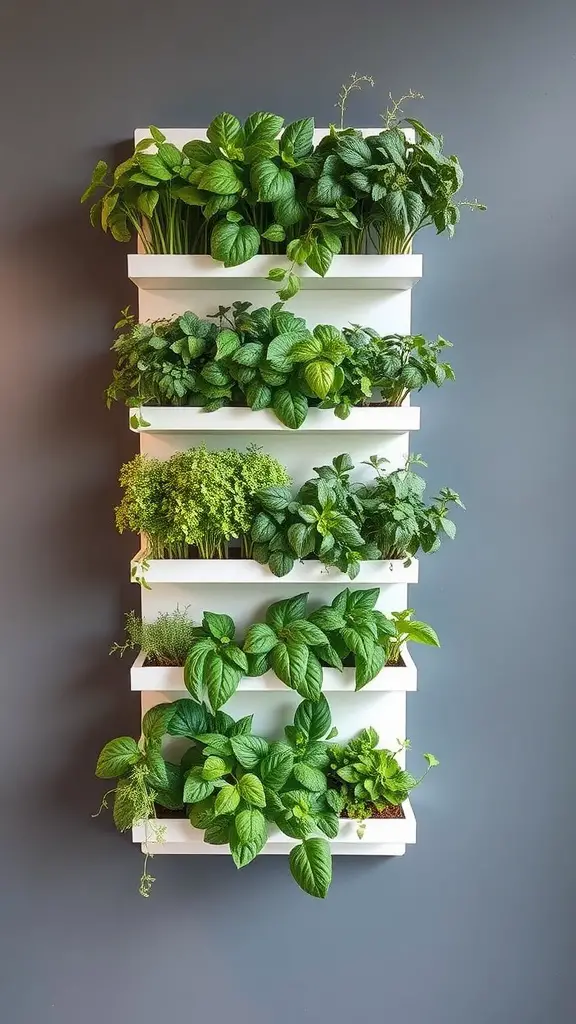 15 Creative Indoor Herb Planter Ideas for Your Home 9 A vertical wall herb garden featuring multiple rows of green herbs on a white shelf against a dark background.