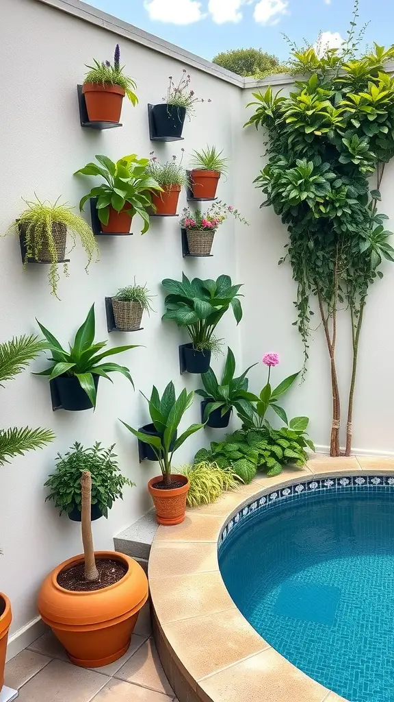 19 Stunning Planter Ideas to Enhance Your Pool Area 13 Wall-mounted vertical planters with a variety of plants near a pool