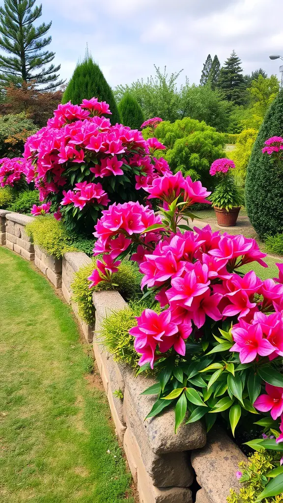 23 Stunning Flowering Shrubs to Transform Your Garden 5 A colorful display of vibrant pink azaleas blooming along a stone wall in a garden.