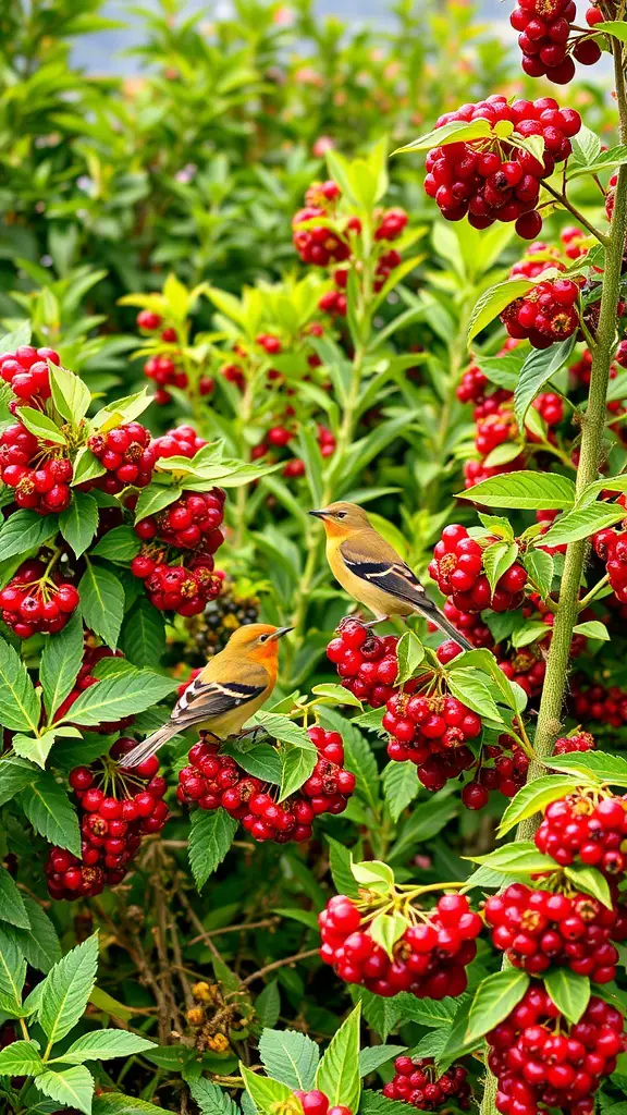 23 Stunning Shrubs for Beautiful Landscaping Ideas 7 Birds sitting on berry-producing shrubs with bright red fruits.