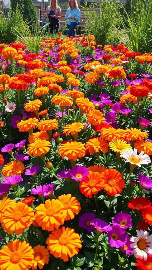 15 Stunning Planter Ideas for Full Sun Gardens 9 Colorful flower bed with orange and purple flowers, two women sitting on a bench in the background.