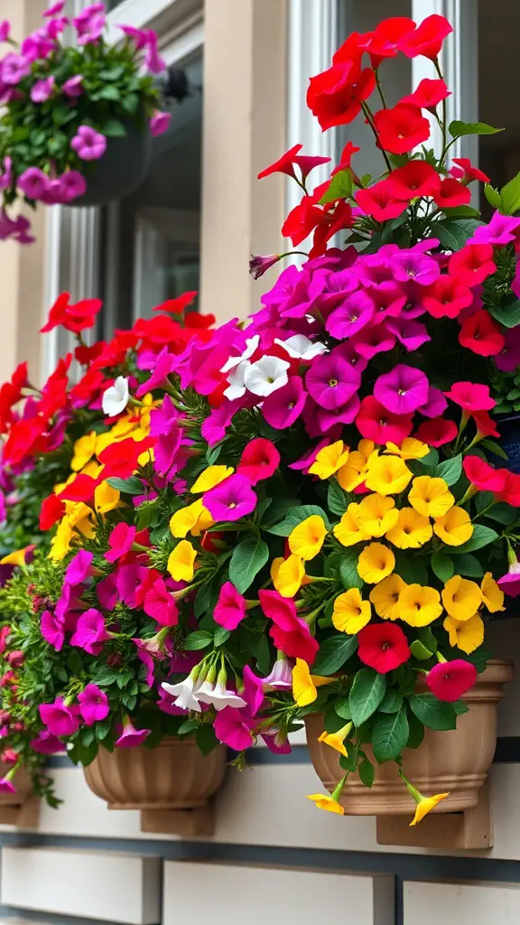 19 Creative Balcony Plant Ideas to Transform Your Space 2 Brightly colored petunias in hanging pots on a balcony