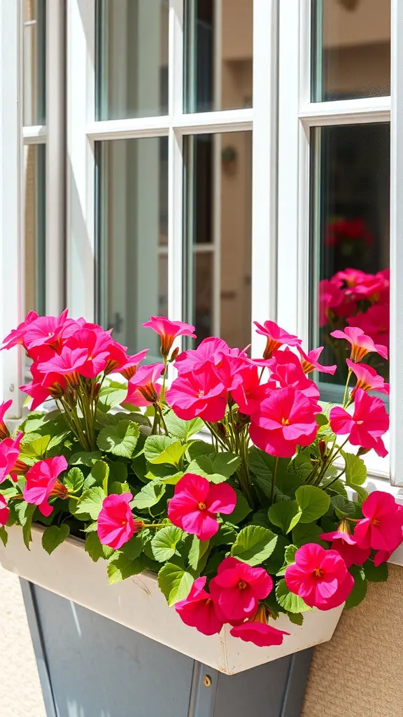 21 Stunning Full Sun Plants for Your Garden 10 A window box filled with vibrant hot-pink geraniums, contrasting with a white window.