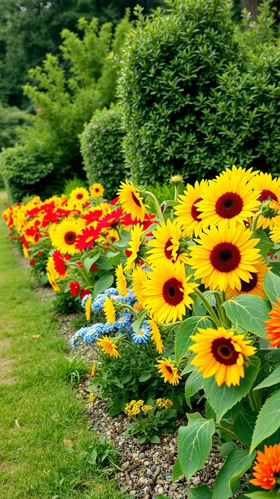 19 Stunning Flower Bed Ideas for Full Sun Gardens 9 A vibrant border of sunflowers with red and blue flowers in a garden.