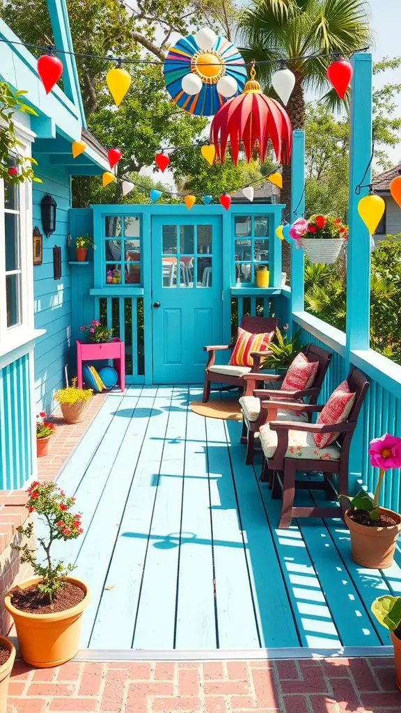 15 Stunning Deck Stain Colors to Transform Your Outdoor Space 13 A brightly decorated deck featuring vibrant teal colors, colorful lanterns, and comfortable seating.