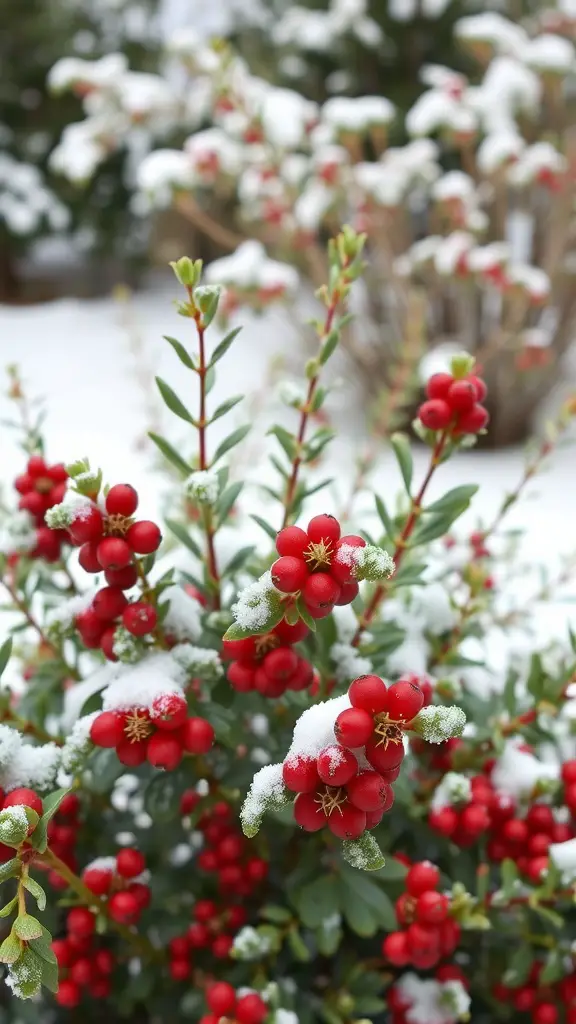 23 Stunning Evergreen Shrubs to Enhance Your Garden 12 Close-up of vibrant wintergreen barberry with red berries and snow on leaves