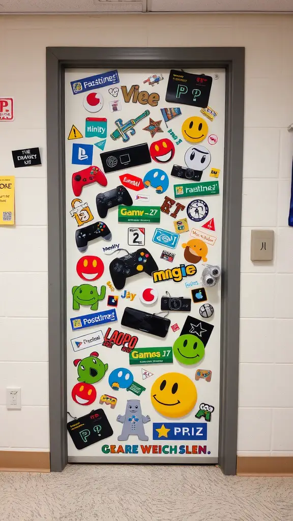21 Creative Dorm Door Decoration Ideas for a Personal Touch 13 A dorm door covered with colorful video game stickers and logos.