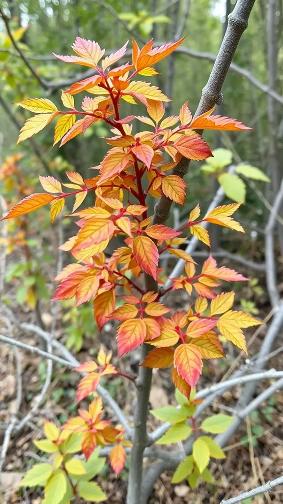 23 Stunning Flowering Shrubs to Transform Your Garden 12 Close-up of colorful Ninebark foliage with red, orange, and yellow leaves against a blurred green background
