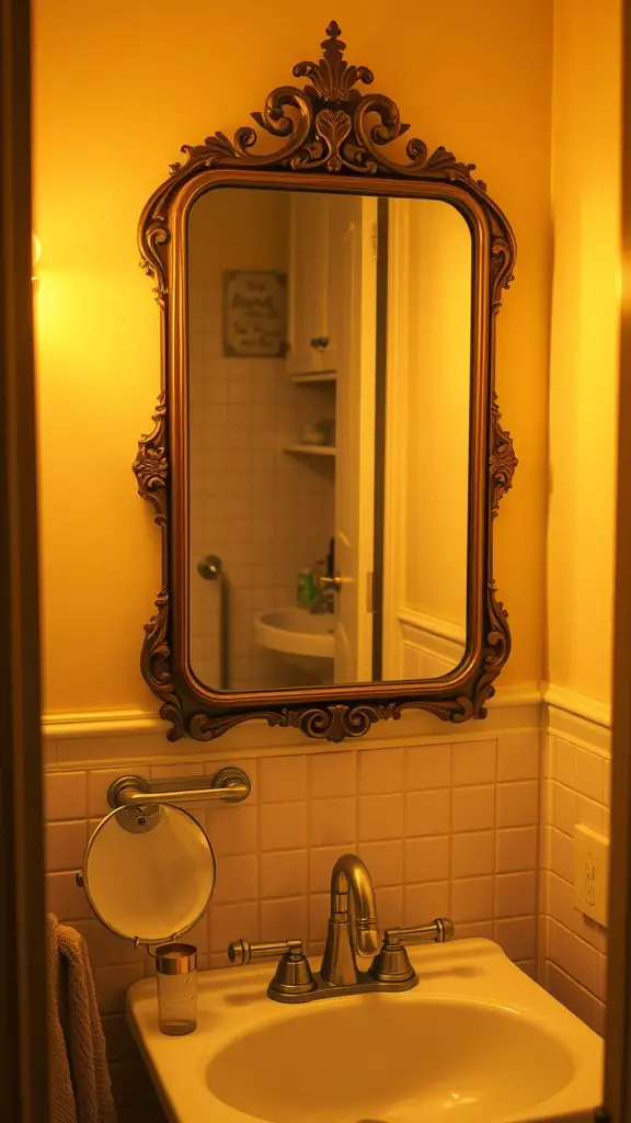 23 Creative College Bathroom Decor Ideas for a Stylish Space 9 An ornate vintage-inspired mirror hanging above a sink in a warm-toned bathroom.